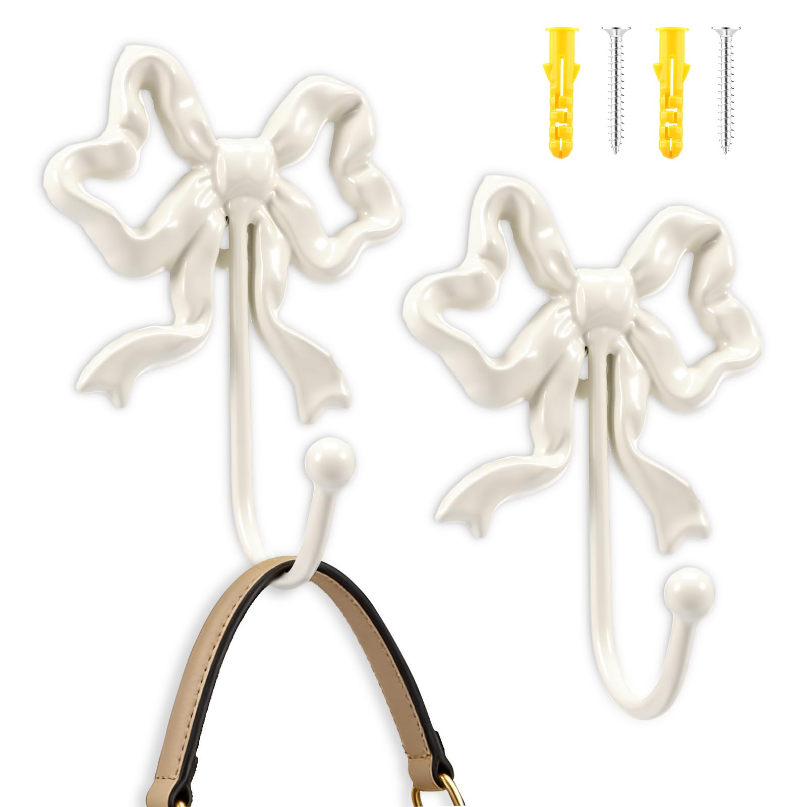 Anihet 2Pcs Bow Knot Wall Hooks, 5.31x3.94in Bowknot Coat Hook Butterfly Towel Hanger, Vintage Decorative Bows Wall Hook for Coats Hats Bags Towels Keys, Home(White)