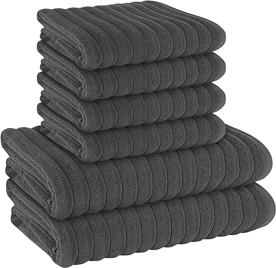 London Dream Ribbed Hydro Cotton 6 Piece Towel Bale Set Super Soft Lightweight Quick Dry Highly Absorbent Bathroom Towel Sets (Charcoal)
