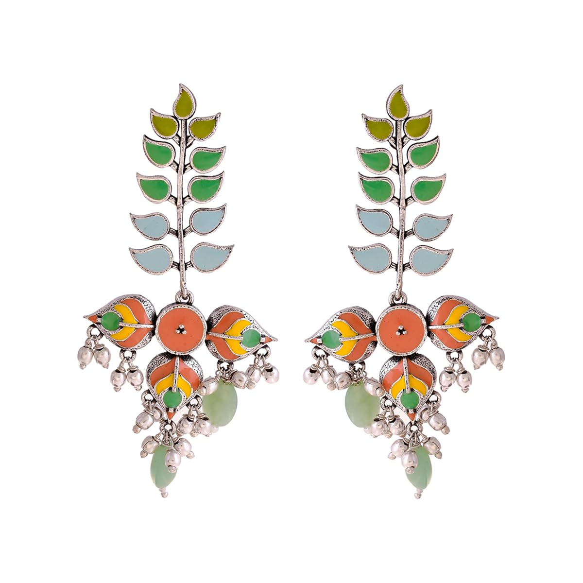 Voylla Traditional Brass Silver Oxidised plated Pastel Colourful Enamelled Embellished Leaf Design Beaded Long Dangle & Drop Earrings for Women and Girls (B08KY8QV7Q) Amazon Price History, Amazon Price Tracker