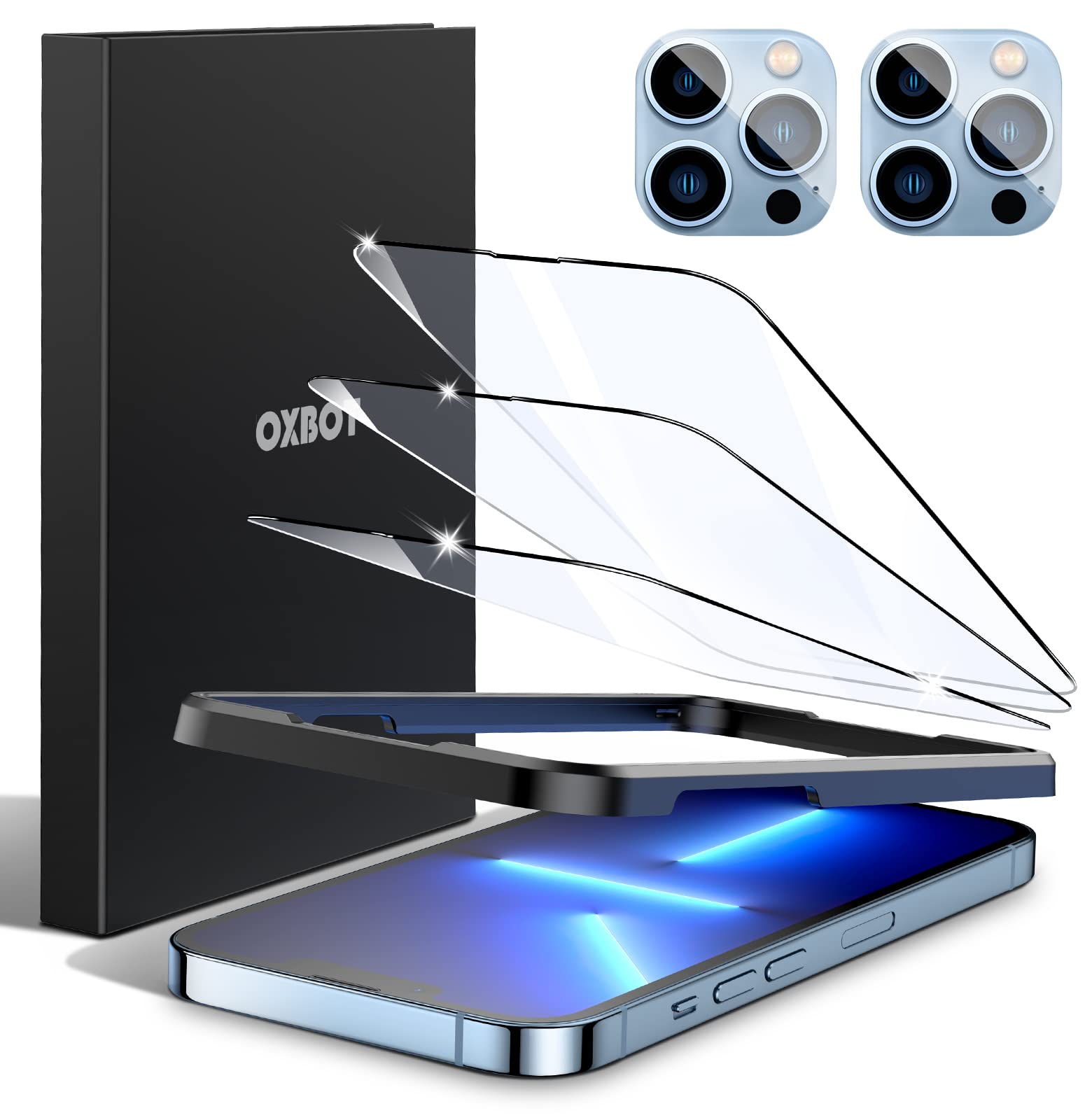 Oxbot [3+2] 3 Pack Screen Protector Compatible for iPhone 13 Pro[6.1 inch] + 2 Pack Camera Lens Protector [Case Friendly HD Clarity Bubble Free 9H Anti-Scratch]