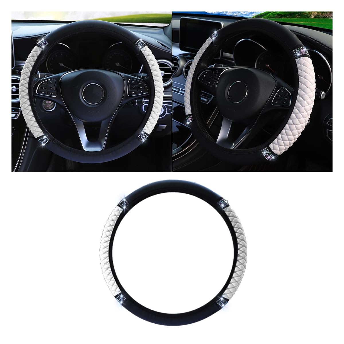 JOYCOURT 15 Inch Bling Soft Leather Car Steering Wheel Cover, White