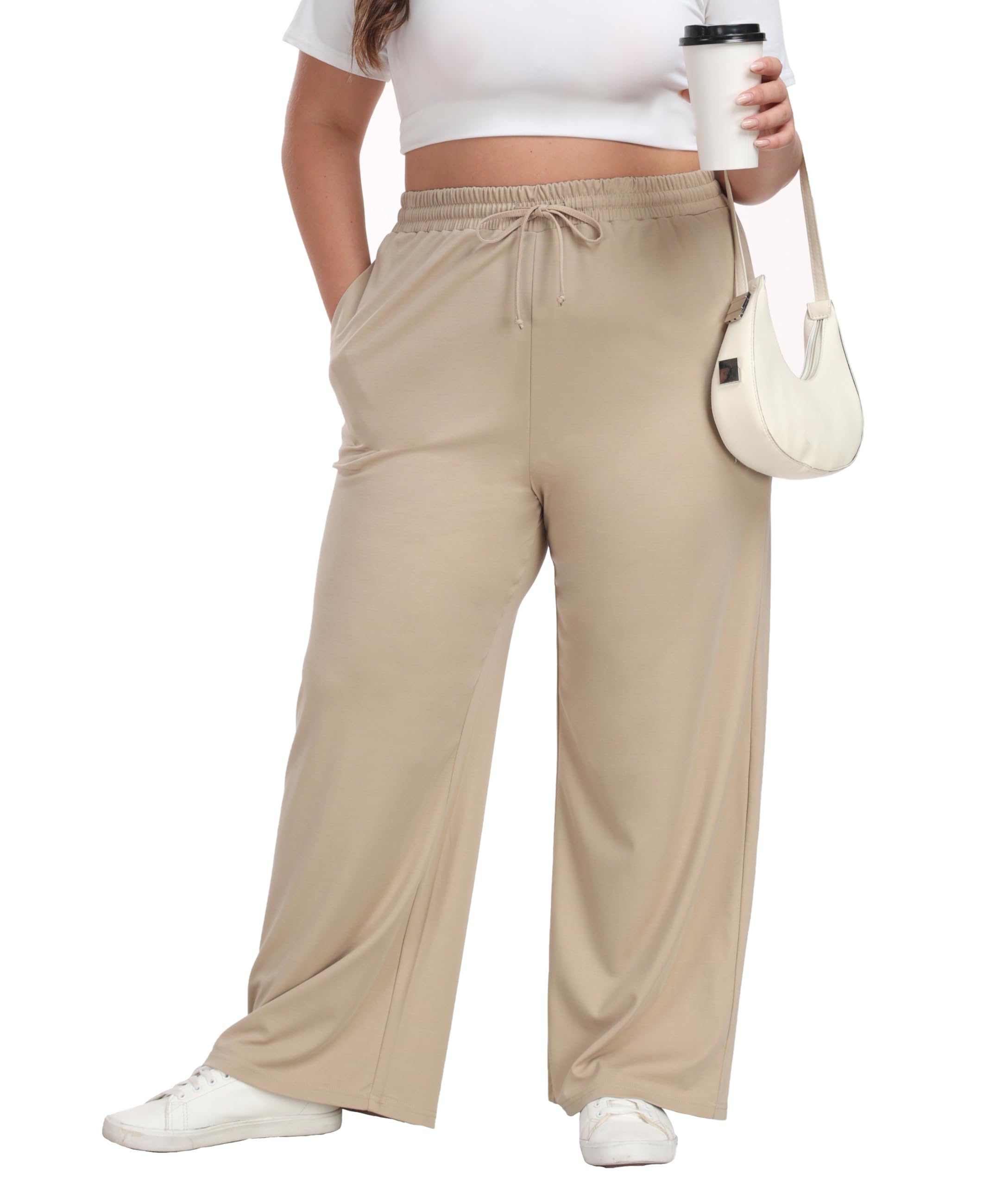 Women's Plus Size Wide Leg Pants Elastic Waist Casual Pants with Pockets | Loose Fit Drawstring Sweatpants, for Office Work, Casual, Yoga, Jogging