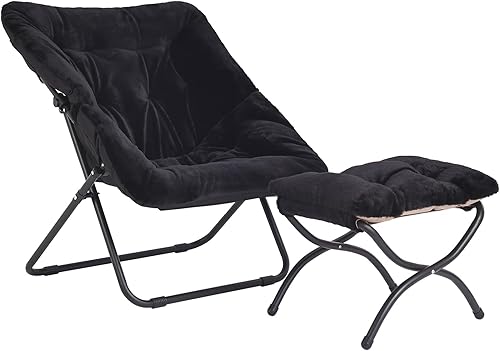 Miniatura 8 de Silla platillo con otomana, silla plegable de piel sintética de gran tamaño, silla plegable con marco de metal para dormitorio, sala de estar,