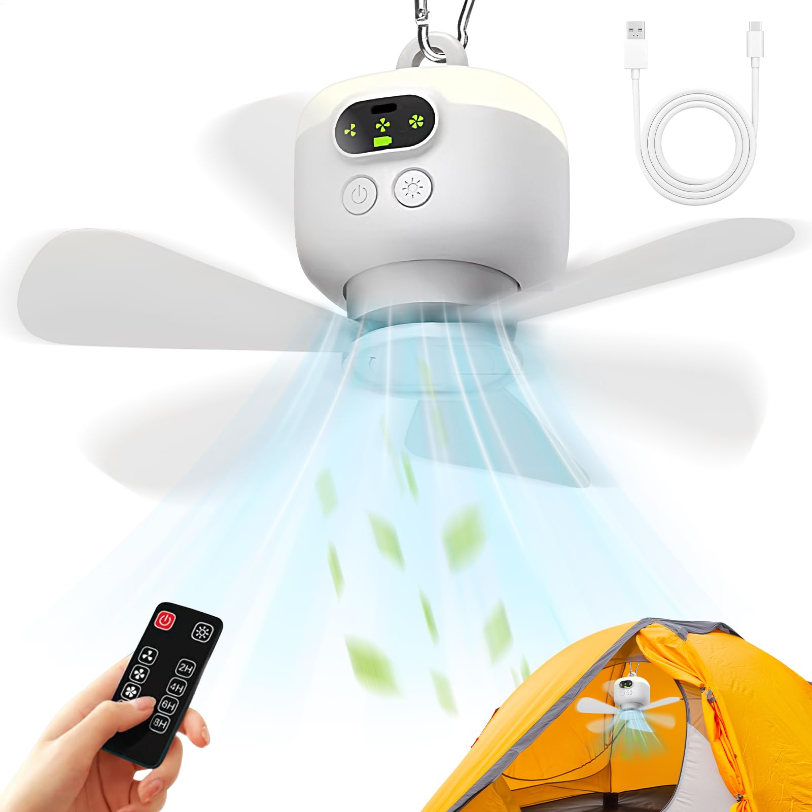 Ventilatore da campeggio Ricaricabile via USB, 4 Velocità Regolabili | Ventilatore da Campeggio con Luce Integrata per camper, viaggi all'aperto, auto, furgone camperizzato, pesca, spiaggia
