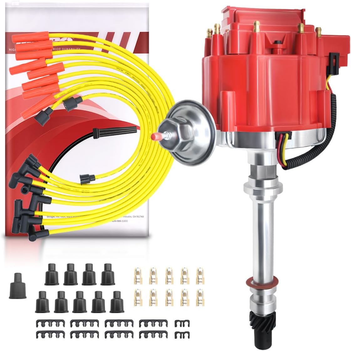 MAS King Auto Parts Ignition Distributor with Cap & Rotor and Spark Plug GM08g08WIRE for Chevy SBC 350 BBC 454 HEI DD-SBC-HEI-V8 850001R GM08