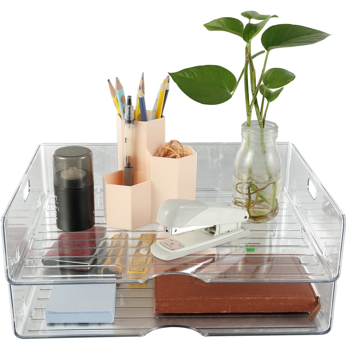 Lot de 2 boîtes de Rangement Transparentes et empilables avec couvercles pour Bureau, Format A4, pour Documents, Livres, Salle d'étude