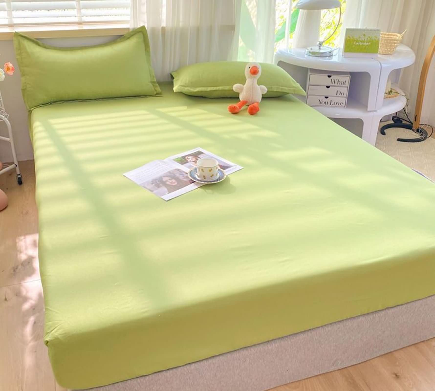 Lot 3 Drap Housse Élastique en Polyester Lit Double, Couleur Unie, 180 x 220 CM + 2 Taies d'oreillers, Vert
