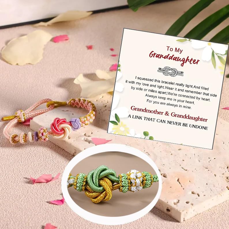 Image of Granddaughter Bracelet for Women, Cute Pink Peach Blossom Knot Bracelet from Grandma Trendy Handmade Braided Charms Bracelets Holiday Jewelry Gifts