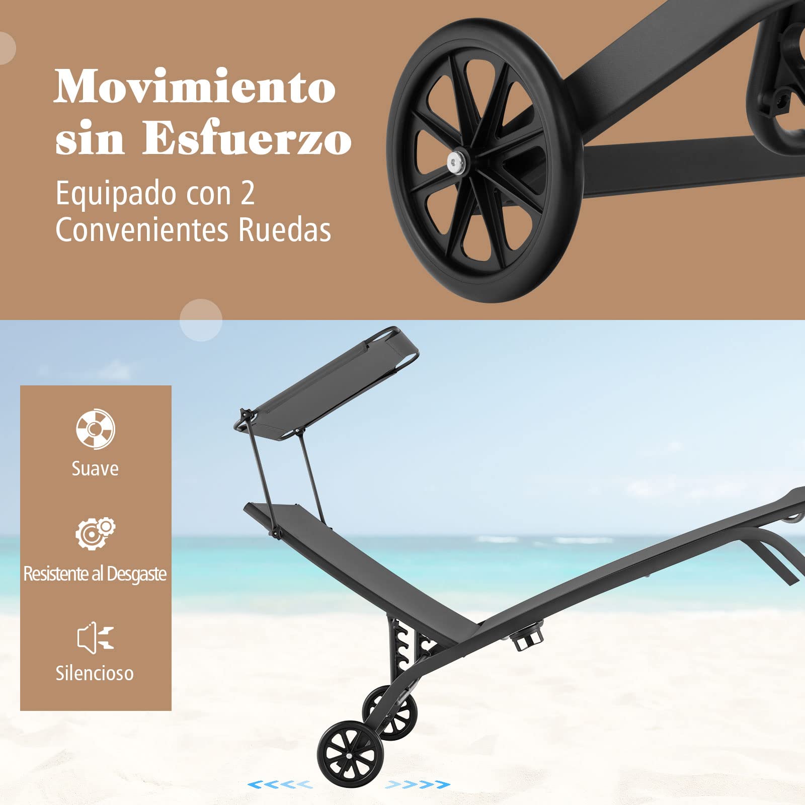 COSTWAY Tumbona Jardin Reclinable 6 Niveles, 2 Ruedas, Tumbona Playa Parasol Ajustable y Portavasos, 191 x 61 x 96cm, Carga 150kg, ExteriorTerraza Balcón Piscina (Gris,2)
