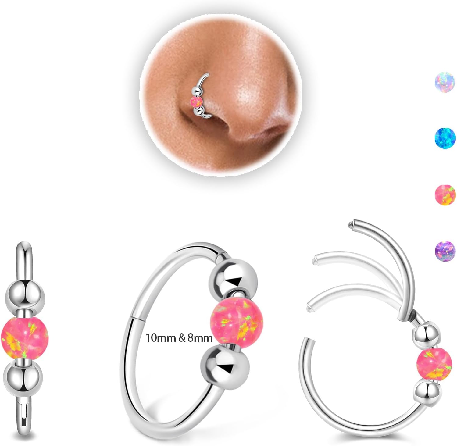 2PCS 18g Opal Nose Rings for Women Nose Hoops 8mm/10mm Hypoallergenic 316L Surgical Steel Nose Rings Piercing Jewelry Can Be Used as a Nose Ring, Septum Ring, and Cartilage Earring