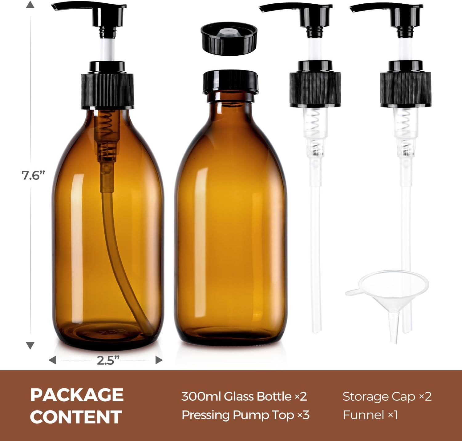 10 oz Amber Small Glass Pump Bottle, Dark Soap Dispenser for Oil