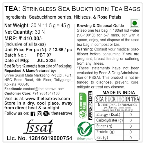 Image of The Tea Trove Sea Buckthorn Berry Tea Bags 30 Count | Seabuckthorn Herbal Blend with Rose Petals and Hibiscus | Sea Buckthorn Leaf Tea | 45g