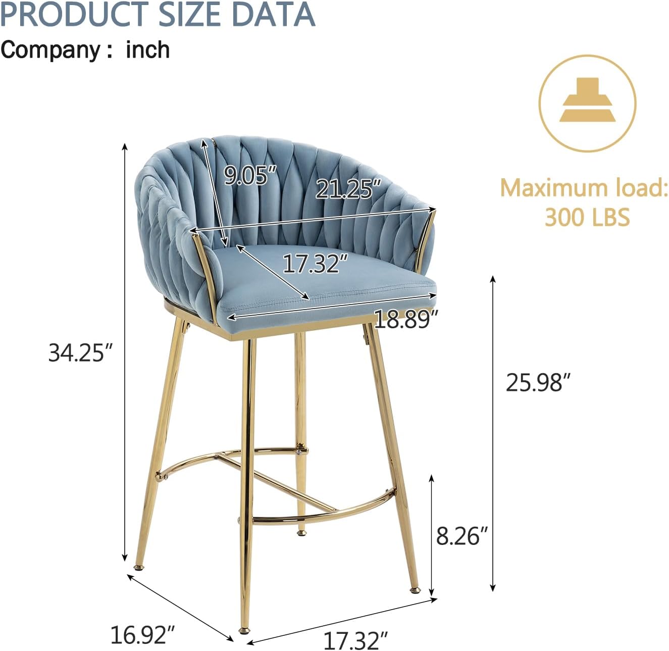 Kiztir Velvet Bar Stools Set of 2, Counter Height Bar Stools with Gold Metal Legs, Modern Bar Stools with Woven Back and Footrest for Kitchen Island, Cafe, Pub (Blue, Set of 2)