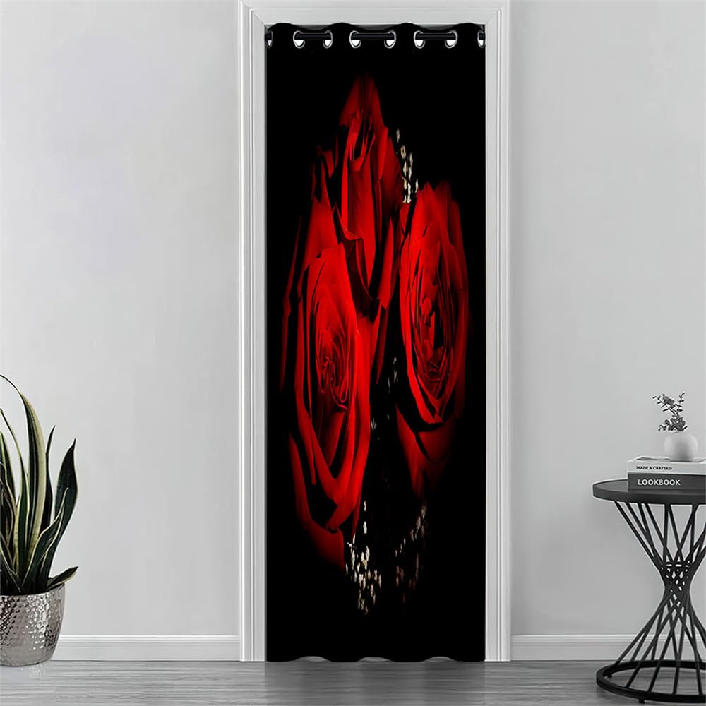 Odot Blackout Door Curtain with Eyelet, Thermal Single Curtain 3D Gorgeous Red Rose Printed Partition Curtain for Closet Window Bedroom Home Decorative, 1 PANEL (51x59,Style A)