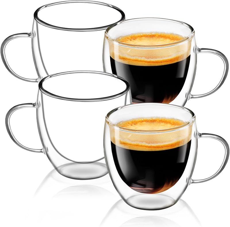 Espresso Cups Set of 4, 5oz Espresso Shot Glass Double Walled Coffee Cups | Glass Coffee Mugs with Handles, Espresso Machine Accessories, Insulated Espresso Shot Glasses, Clear Nespresso Cappuccino Cup