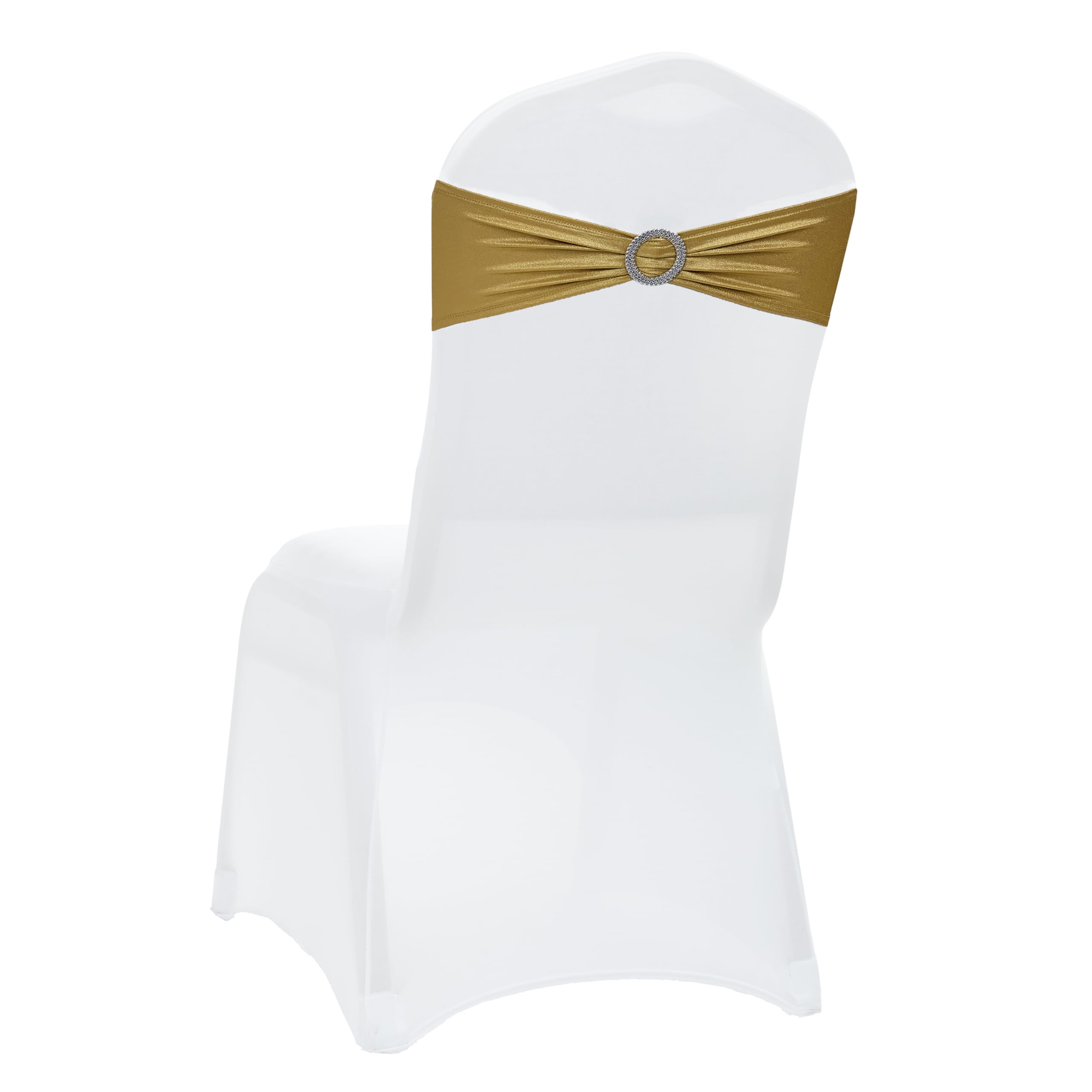 VDS - Gold Glitter | Spandex Chair Sashes Bows | 200 PCS | Stretch Elastic Banquet Universal Folding Chair Band Tie with Silver Buckle Slider for Wedding Party Conference Celebration Event Decoration — image 1