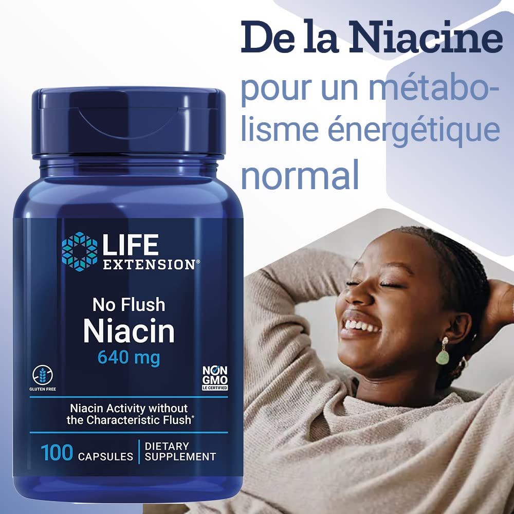 Life Extension, No-Flush Niacin (Vitamine B3 Sans Flush), Hautement Dosé, 100 Capsules, Testé en laboratoire, Sans Gluten, Sans Soja, Sans OGM