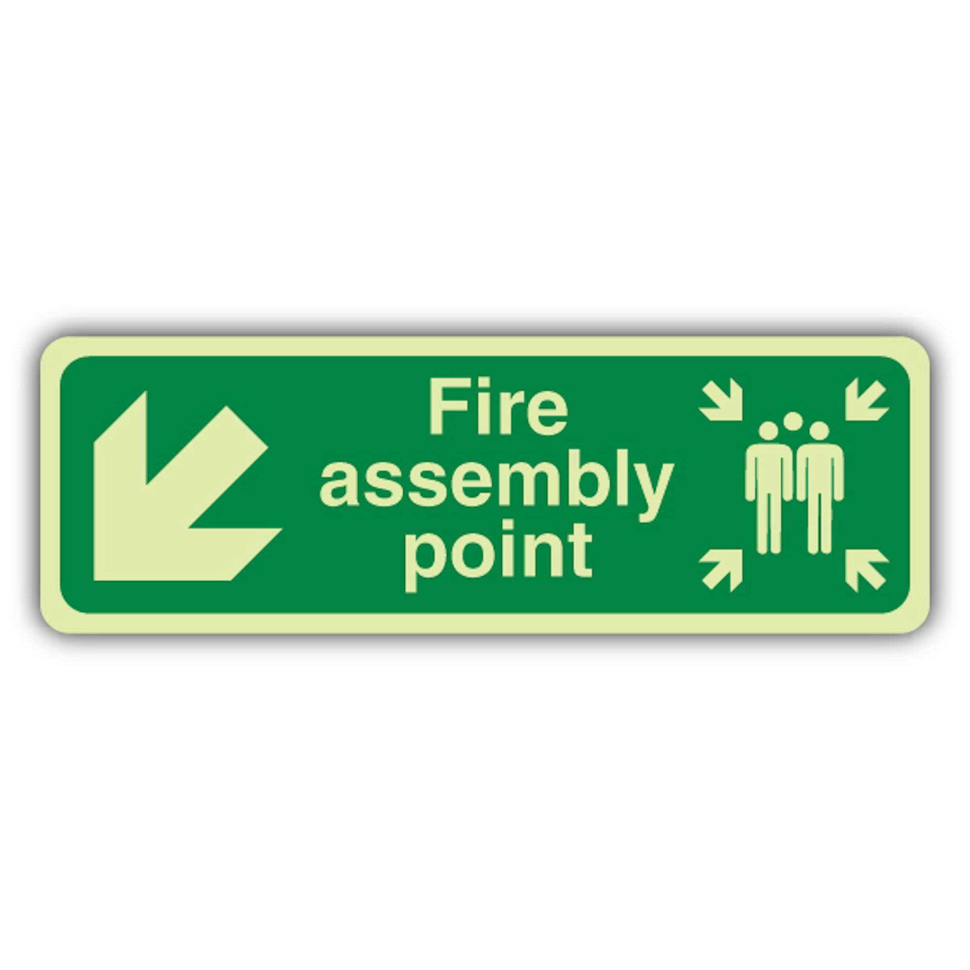 Cartello di sicurezza con scritta "V Safety Glow In The Dark Fire Assembly Point Arrow Down Left Signage" – 750 x 250 mm – Realizzato in plastica rigida – Segnaletica antincendio – Made in Britain