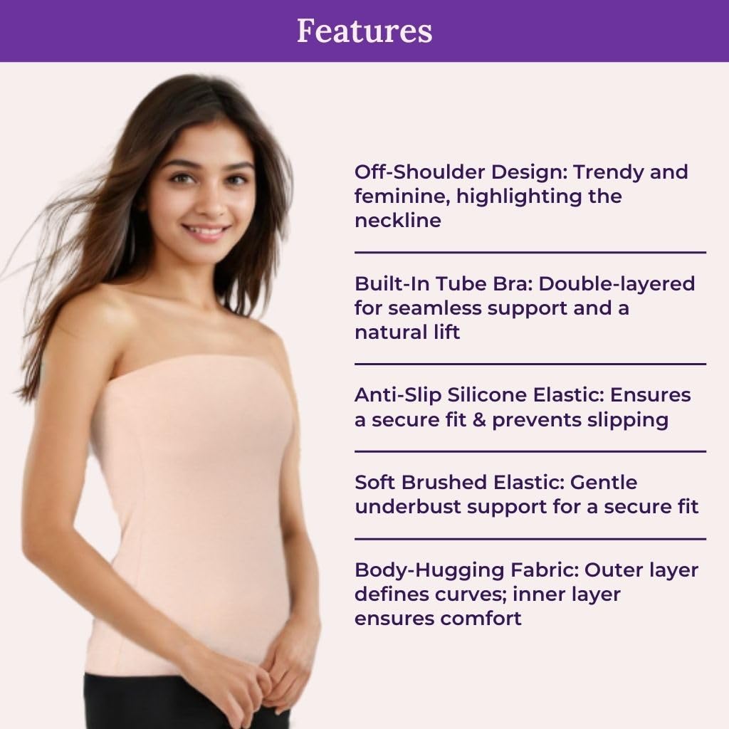 ADIRA | Tube Top | Off-Shoulder Style | Built-in Bra | Secure Anti-Slip Elastic | Comfortable Support | Breathable Cotton Stretch | Modest Full Coverage | Pack of 1 | Skin | S 2