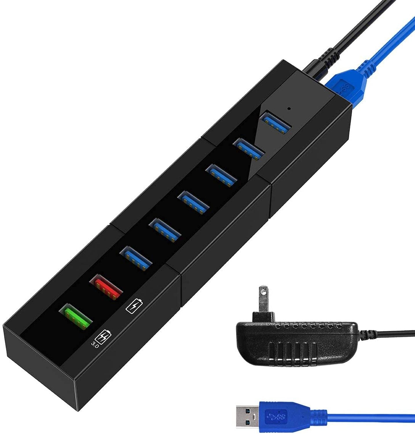 USB 3.0 Hub with 6 Ports for Data Transmission and 2 Ports for High Speed Charging and 36W Power Adapter USB 3.0 Cable