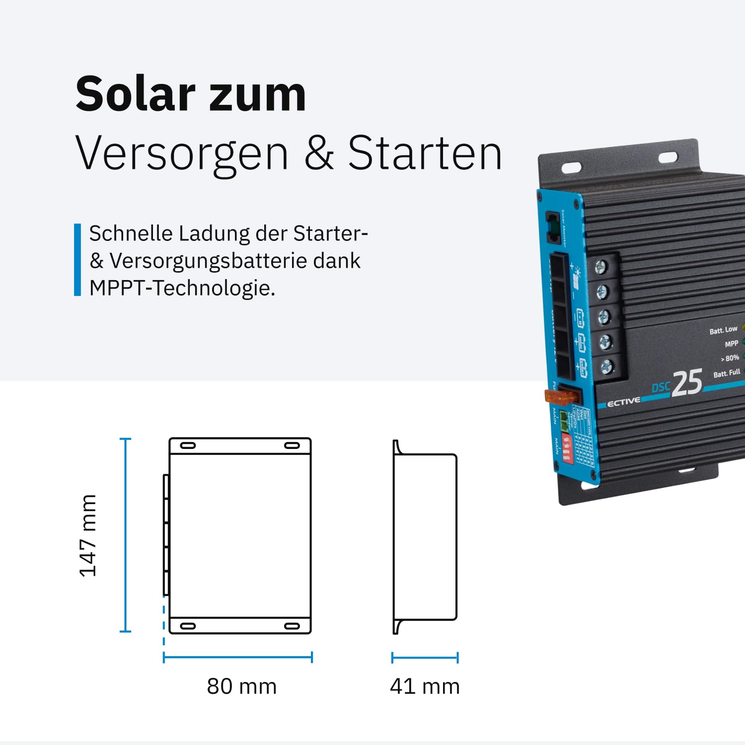 ECTIVE - DSC 25 MPPT Dual Solarladeregler 12V 25A – bis 50V, 350 Wp kompatibel mit LiFePO4/AGM/GEL/Nass – Für Bord- und Starterbatterie in Wohnmobil, Camper, Caravan, Boot