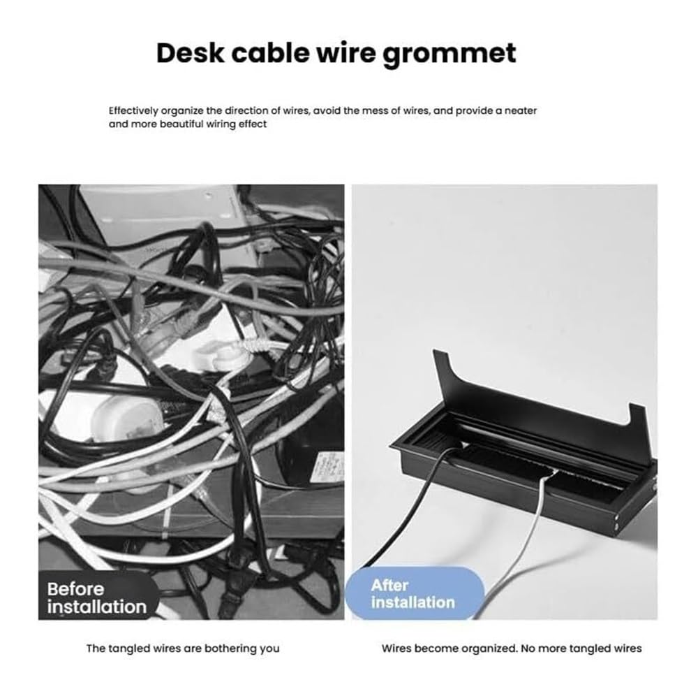 Przepust kablowy na biurko, przepust biurkowy do ukrywania kabli, wbudowana osłona otworu, organizery, osłony otworów kable ze szczotkami(Black,90x400mm)