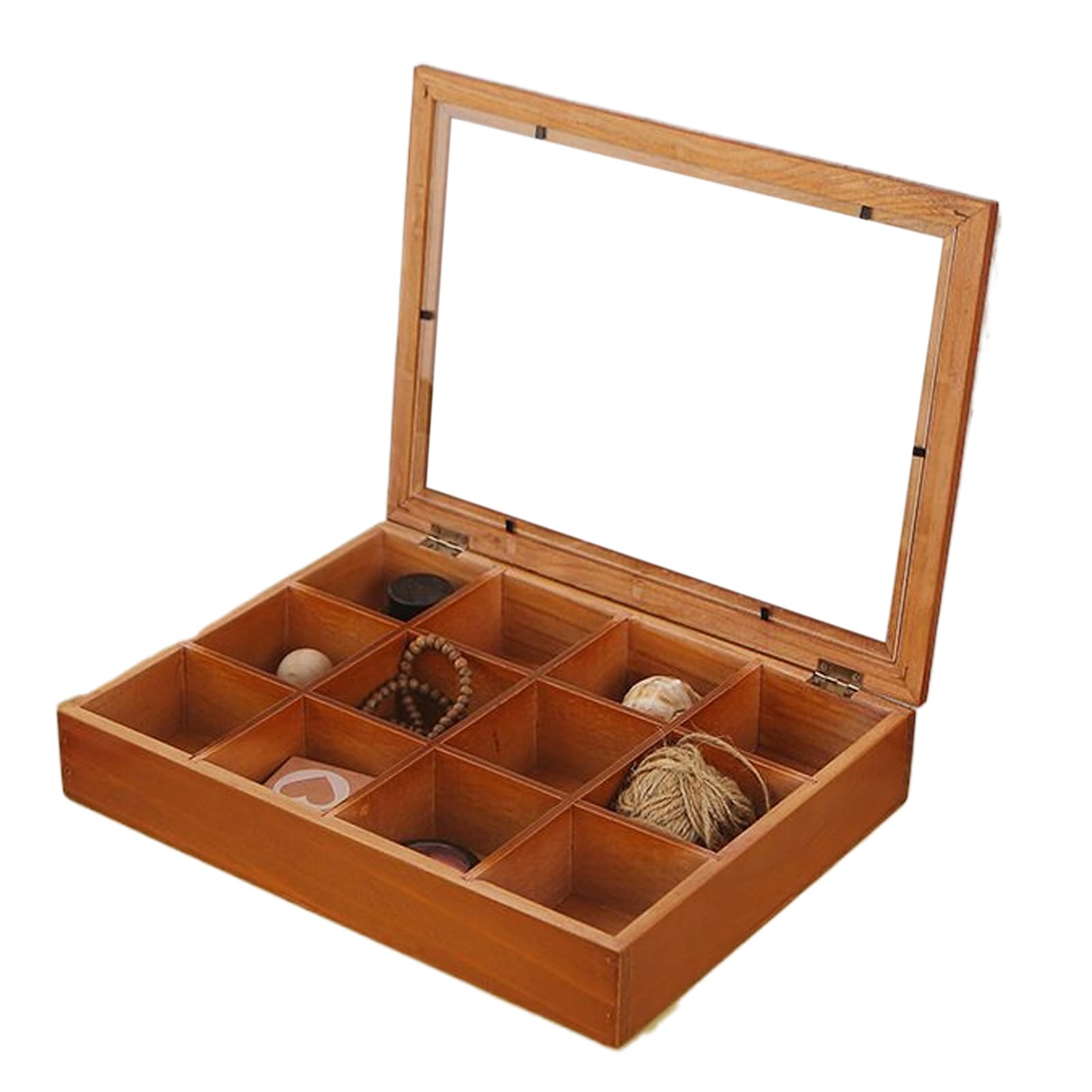 Organizador de Té Contenedor De Madera Con 12 Compartimentos | Almacenamiento de Té con Tapa Transparente Para Cocina, Despensa, Oficina o Cafetería