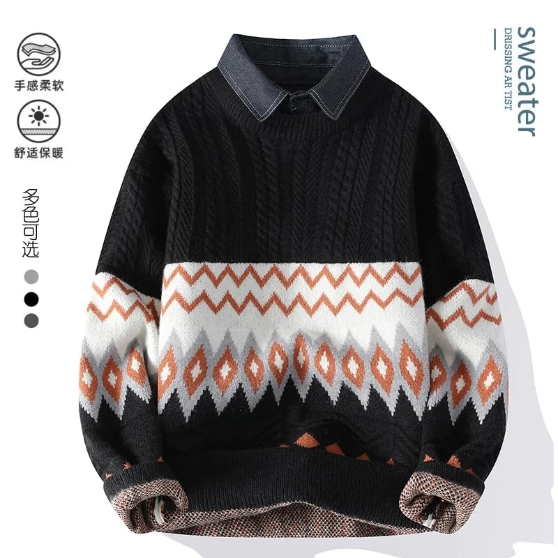 Men Winter Fake Two Pieces Thick Sweater Men Youth Sweaters Autumn Men's Wool Casual Knitwear Pullover3