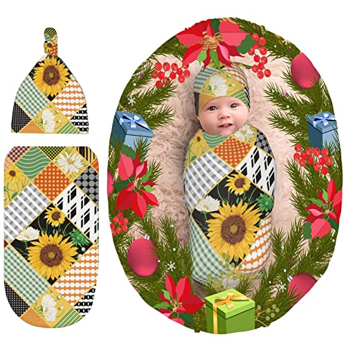 Image of Sunflower Newborn Baby Swaddle Blanket Baby Stuff Swaddle Wrap Soft Sleep Sacks Stretchy Receiving Blankets Baby Swaddle Blankets Hat Set forreceiving Baby Boy Girl Swaddle me 0-3-6 Months,1-5