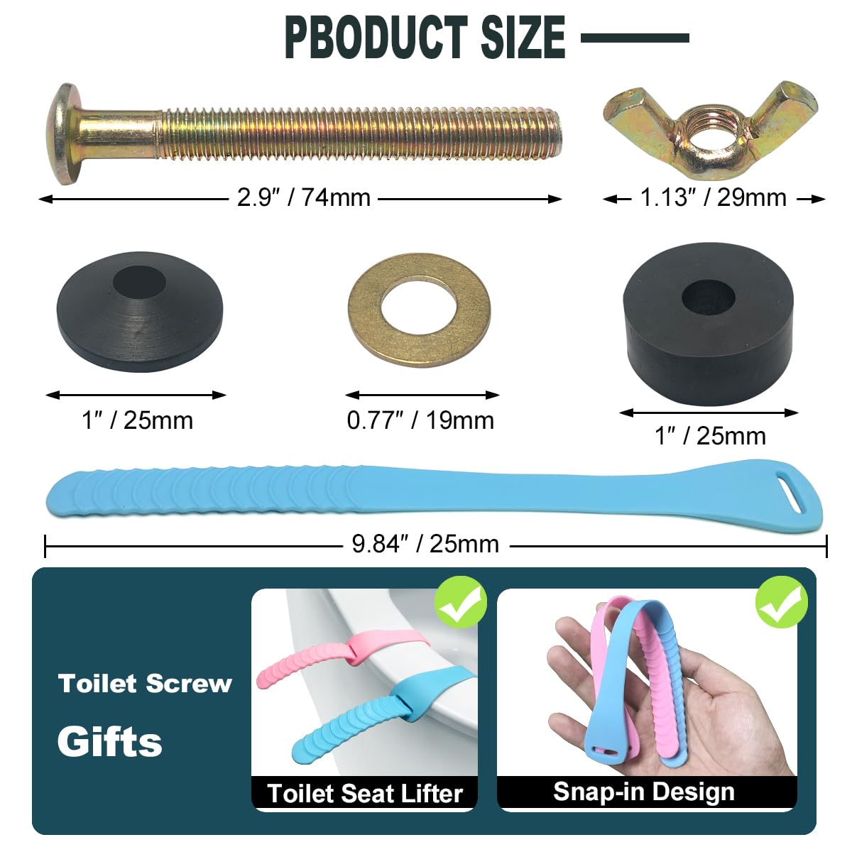 Toilet Seat Screws Replacement Kit Toilet Seat Bolts Replacement Kit Metal Toilet Seat Fastener with Toilet Seat Lifter — view 3