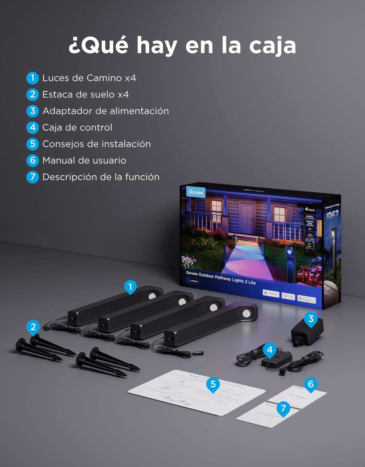 Govee Luces para Caminos Exteriores 2 Lite RGBWIC, Inteligente Iluminación de Caminos con Impermeable IP67, Compatible con Matter, Alexa y Google Assistant, Luz Exterior para Jardines para Paseo, 4pcs