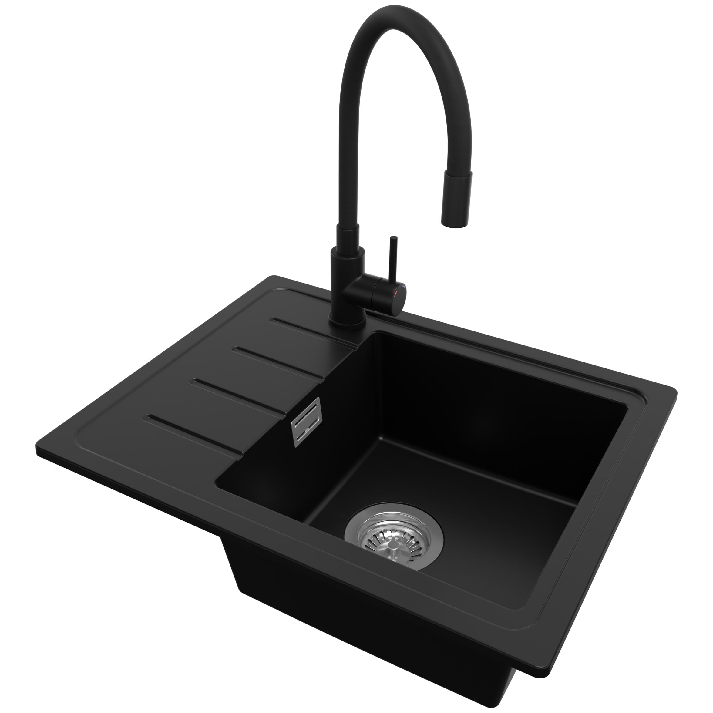 PRIMAGRAN Evier Cuisine en Granit Noir 55x44cm, Lavabo 1 bac + Robinet 40x38cm + Kit de Vidage, Évier à Encastrer au Meuble 45cm - Copenhague Easy S027