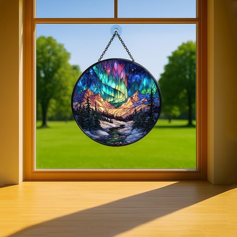 Northern Lights Stained Glass Window Hanging - Sun Catchers Indoor Window Stained Glass Panels Wall Decor for Mom，Wife，Lovers 11.8in