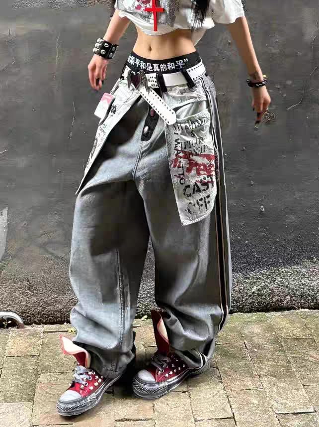 Y2k Vintage Grunge Reverse Big Pocket Graffiti Harajuku Baggy Jeans Hiphop Punk Loose Casual Wide Leg Denim Pants2
