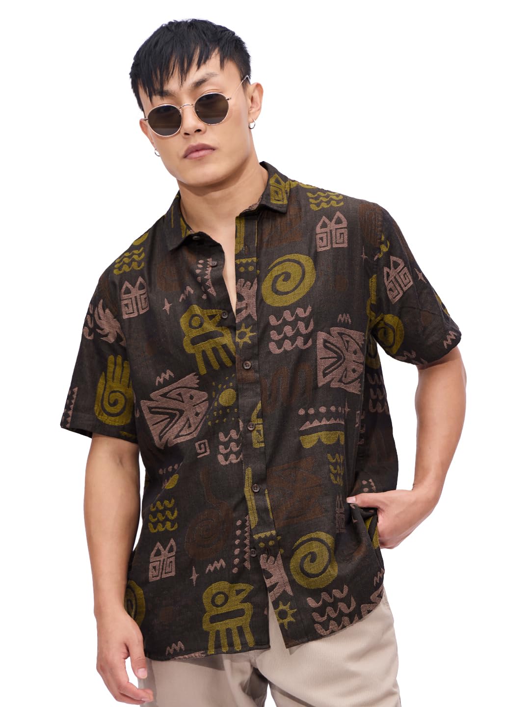 the souled store Ancient Trip Men and Boys Short Sleeves Collared Neck Button Front Brown All Over Printed Cotton Textured Shirts-picture-13