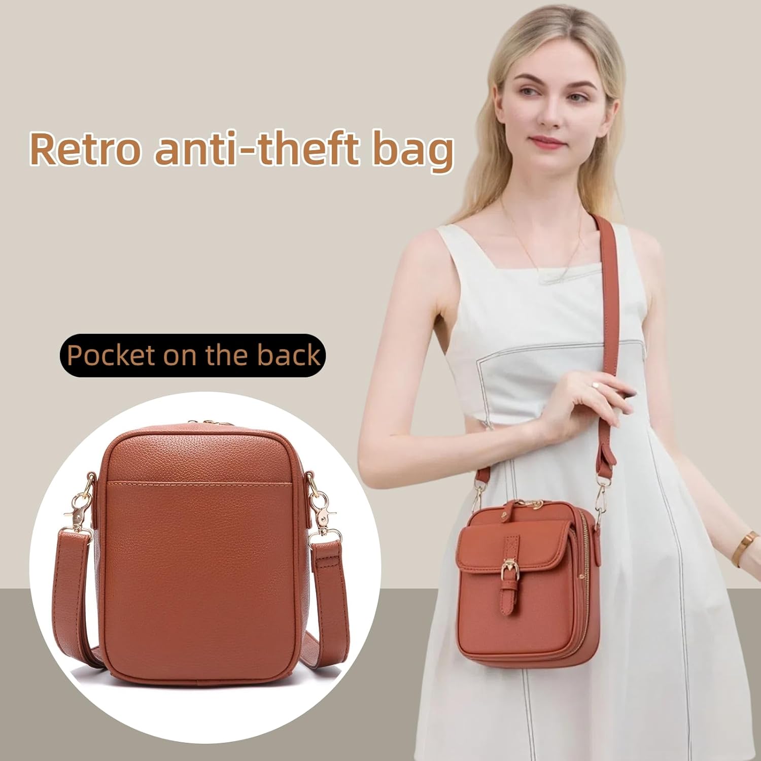 Crossbody Leather Bag, Retro Crossbody Shoulder Bag for Women,Adjustable Large Capacity Anti-Theft Backpack