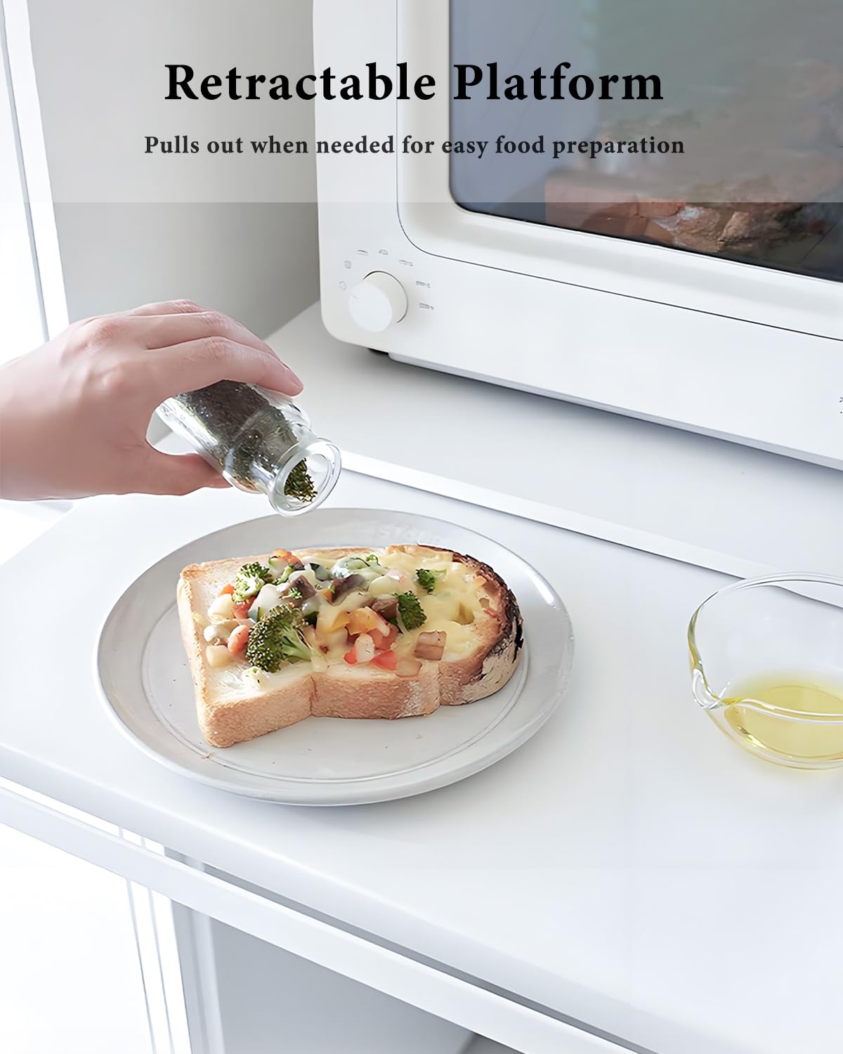 Ripiano Estraibile per Microonde, Mensola Cucina Scorrevole da Appoggio, Supporto Microonde in Acciaio al Carbonio con Maniglia, Organizzatore Bianco Countertop Microwave Organizer