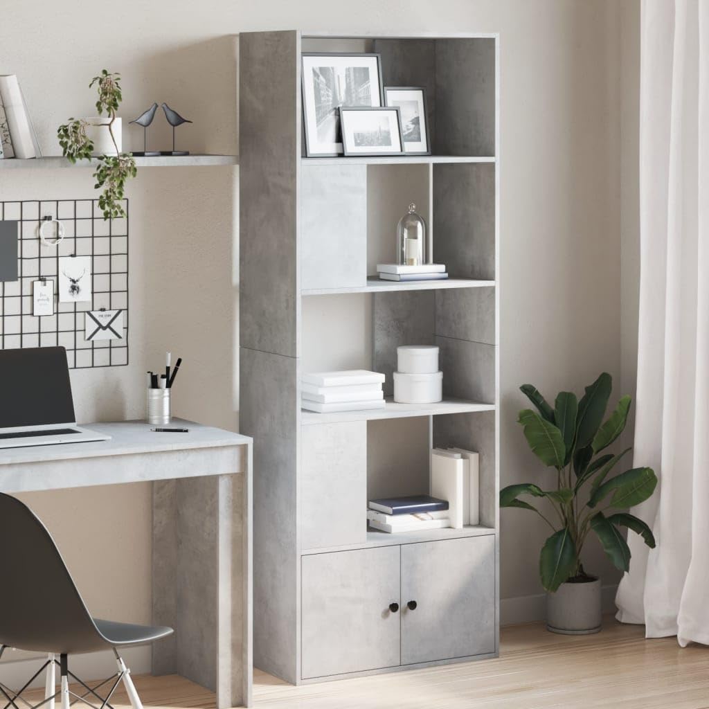 Libreria grigio cemento, 70 x 36 x 189 cm, in legno con scomparti multipli per una conservazione versatile e come divisorio
