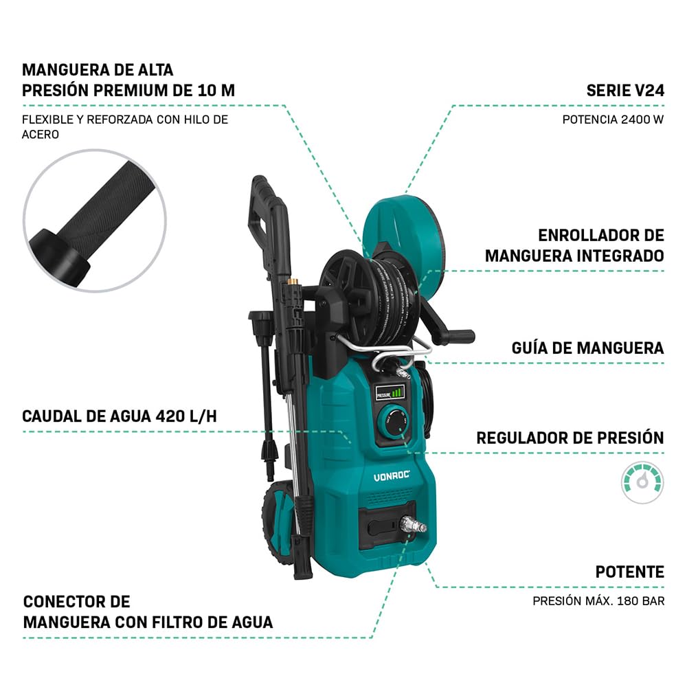 VONROC Hidrolimpiadora V24‑3 2400W con 180 Bar y presión Ajustable | Manguera 10 m, carrete integrado, bomba aluminio, lanza turbo y ajustable, limpiador de patios, mango telescópico