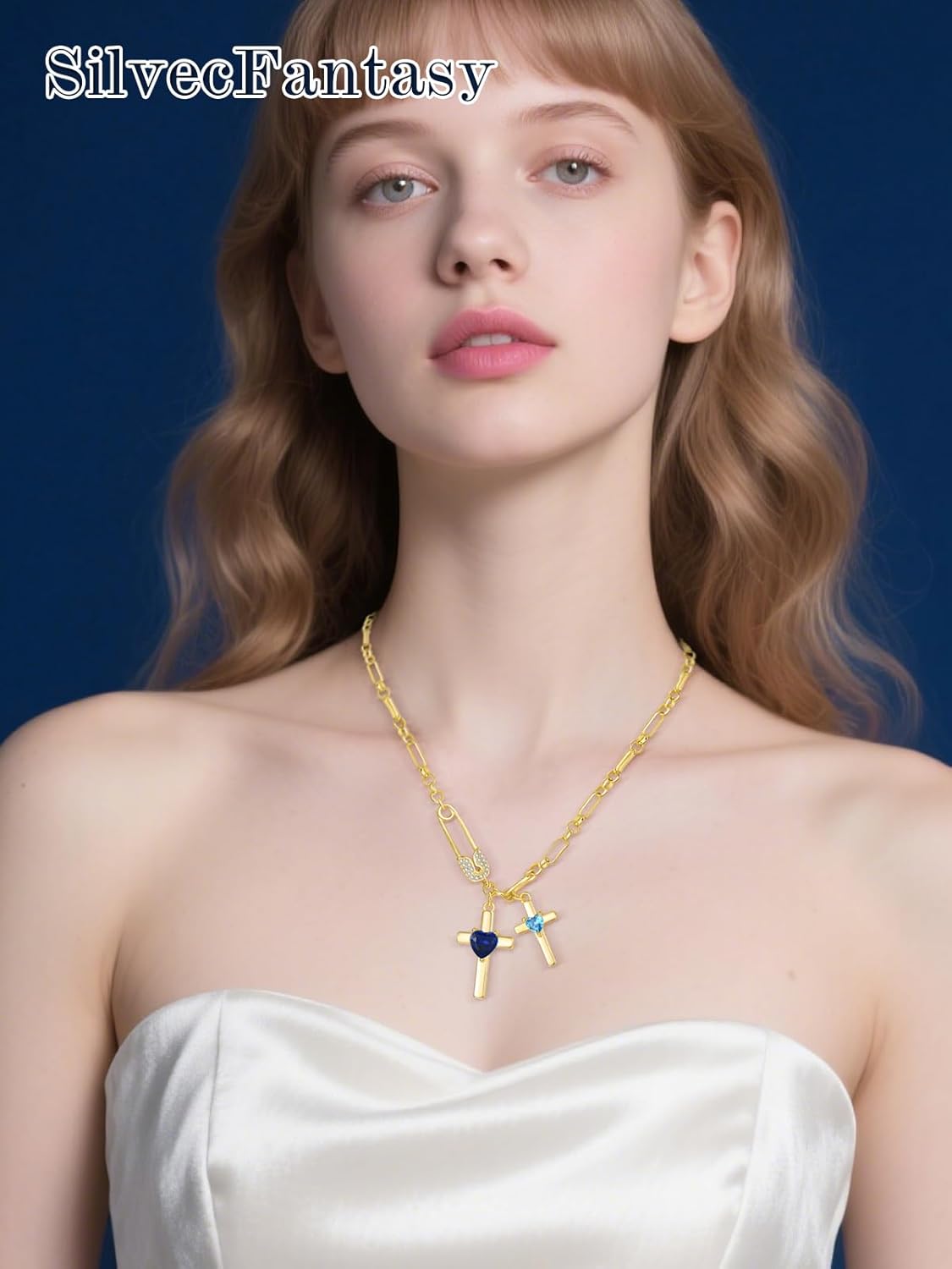 Gold Cross Necklace for Women 14K Double Cross Pendant Necklace Dainty Safety Pin 2 Birthstones Paper Clip Chain Faith Jewelry Trendy Religious Gifts for Women - Image 4