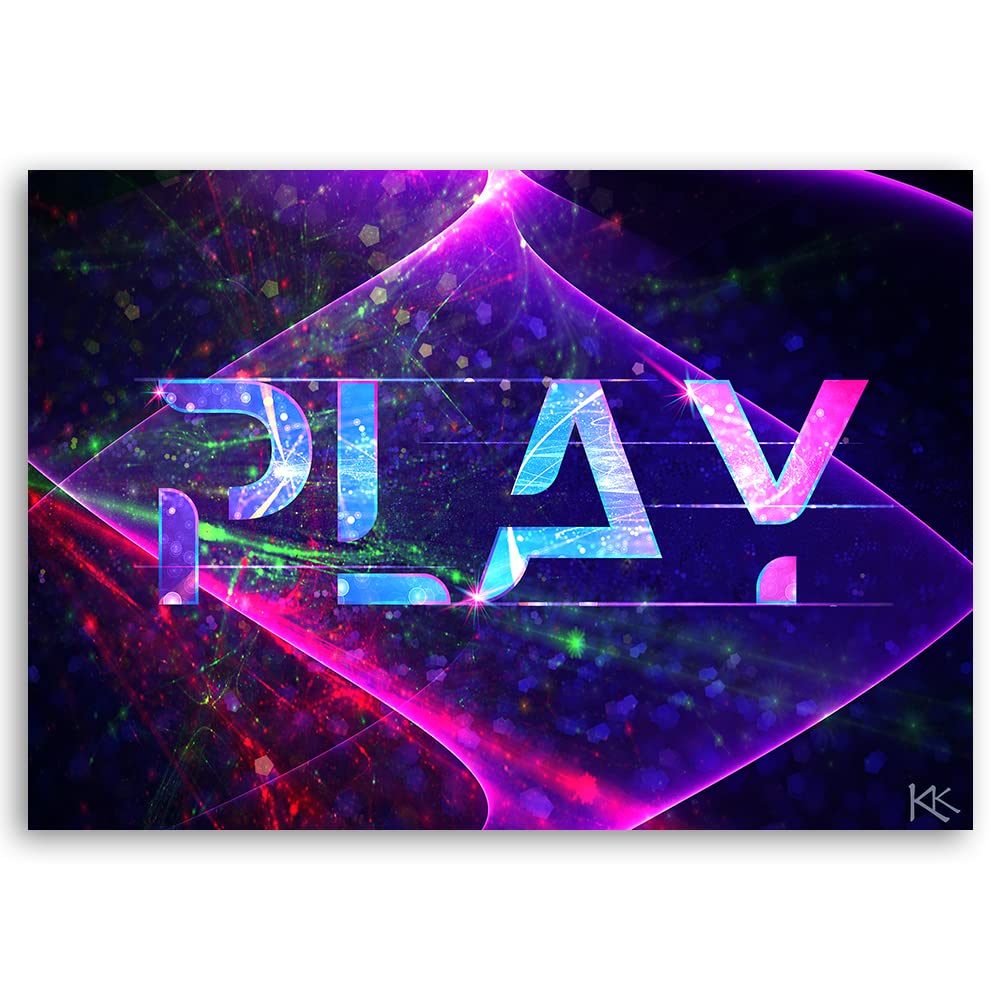 Feeby 1-teilig Vlies Leinwandbild 90x60 cm Spiele Gaming PLAY Druckbild Wandbild Wanddekoration Deko Wand Aesthetic Für den Gamer Laser Neon Violett