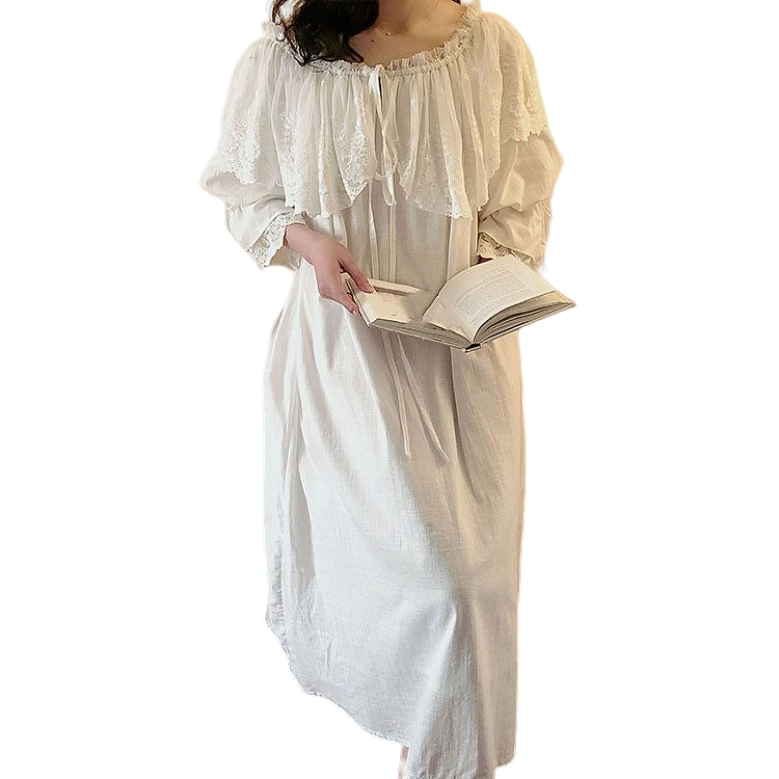 OFFSUM Camicia da Notte Donna - Sweet Princess Vintage Palace Style Tinta Unita Girocollo Abito Camicia da Notte Cotone Primavera Estate Camicia da Notte Loungewear