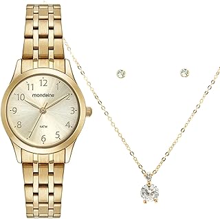 Kit relógio feminino clássico dourado com semijoias