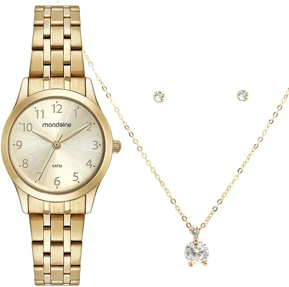 Kit Relógio Feminino Clássico Dourado Com Semijoias