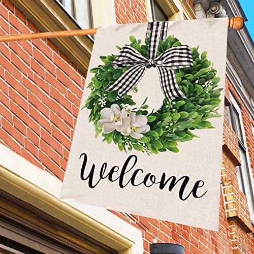 Hexagram Boxwood Wreath Welcome House Flag,Vertical Burlap Yard Flag Buffalo Plaid Bow Porch Yard Summer Fall Outdoor Decor,Large Garden Flags 28X40 Double Sided #TOP5