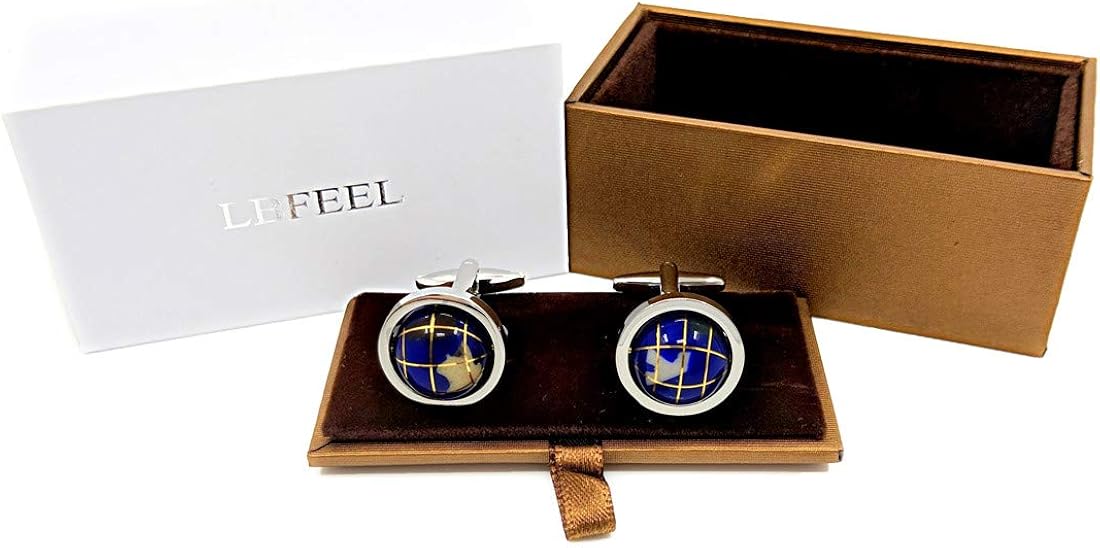 LBFEEL Really Spins Rhodium Plated Blue Globe Earth Cufflinks for Men with a Gift Box