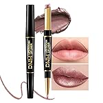 evpct 1Pcs Nude Brown Metallic Shine Shimmer Lip Liner and Lipstick Combo Set Kit for Women, Lightweight Hydrating Formula High Impact Full Coverage Lipstick and Lip Liner Makeup Gloss, 18