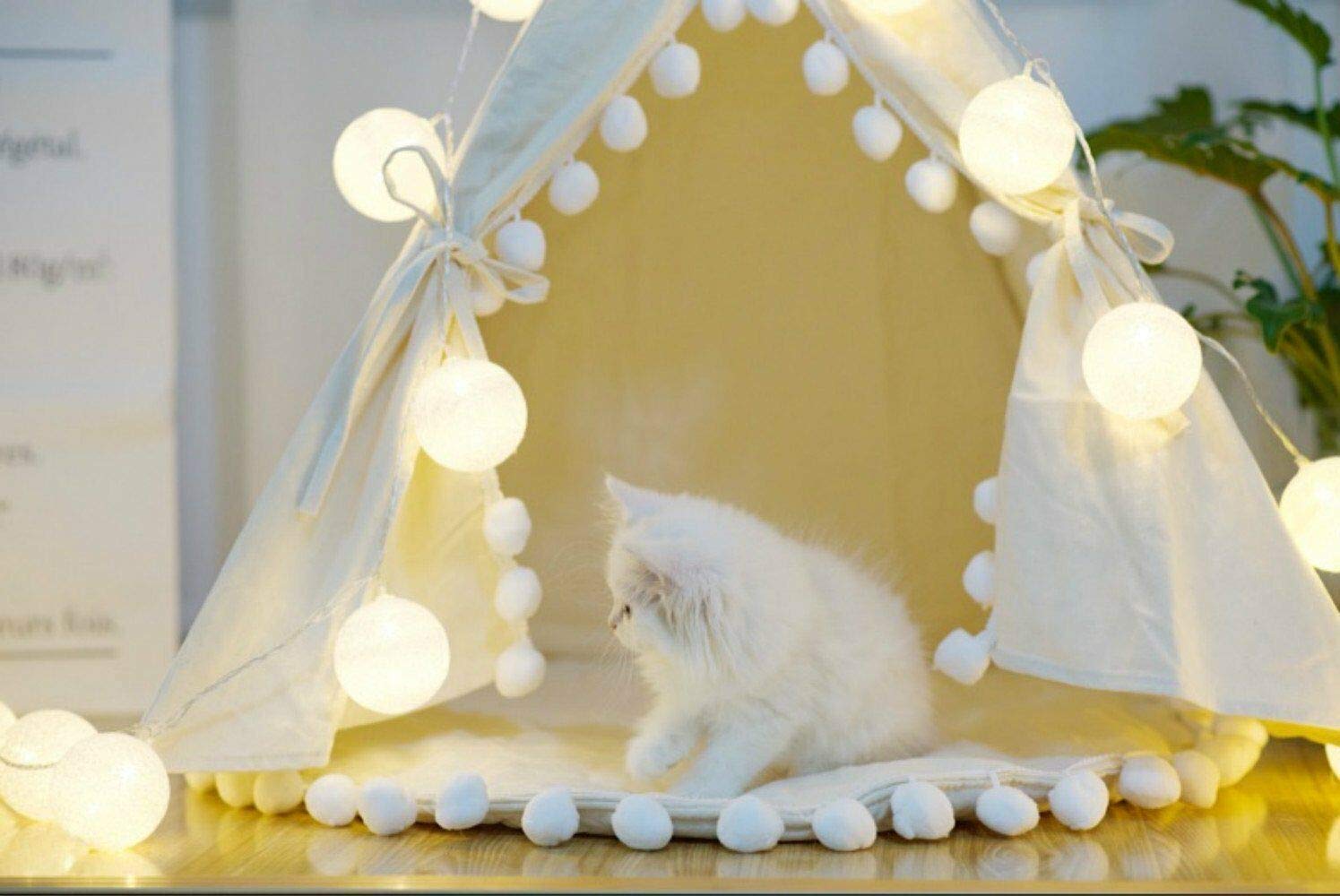 TentHome Tente pour Animaux de Compagnie à la Maison Tente Tipi Cabane pour Chiens Chiots Chats Niche avec Pompons pour Chien Amovible et Lavable, sans Coussin (M(1-7kg))