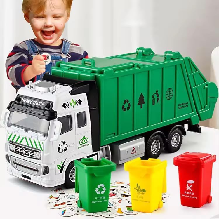 Image of 1:38 Sanitation Garbage Truck Kids Diecast Metal City Sanitation Garbage Truck- Friction Powered, Garbage Truck with Top Open Dumper Garbage Lifter Truck