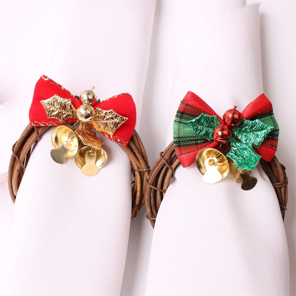 6 uds Navidad Bowknot Guirnalda servilleta Hebilla Mimbre Campana servilletero Doble Flor Boca paño Anillo (un tamaño)